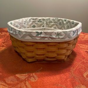 1998 Longaberger basket- Hexagon, green leaf  fabric ,3 divided plastic liner
